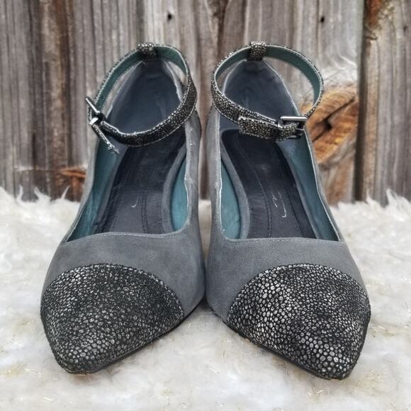 Gray Cap Toe Heels Size 9.5 W Wide Hal Rubenstein Suede Leather Metallic Ankle - Picture 3 of 14